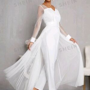 Mulvari Notch Neck Mesh a Panel Pearl Detail Corset Jumpsuit with Skirt.